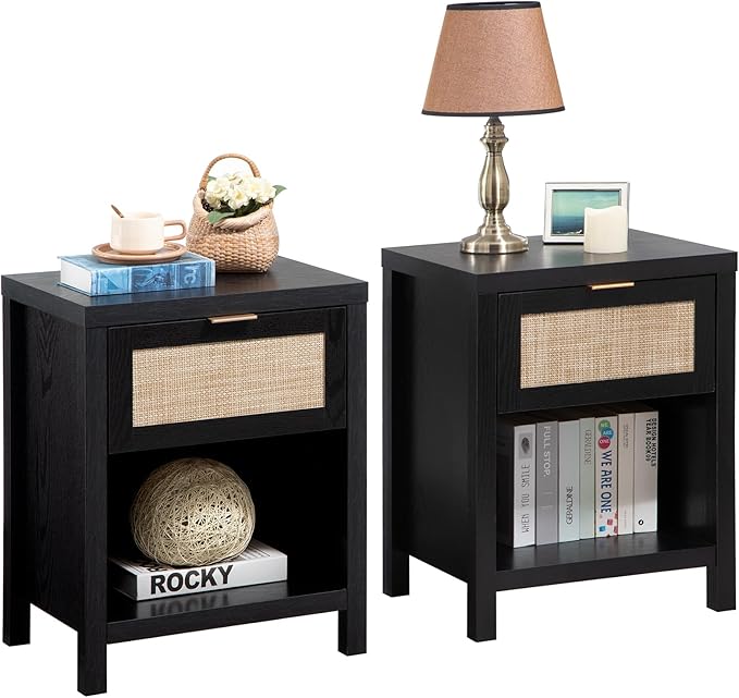 SICOTAS Rattan Night Stands Set of 2, Farmhouse Nightstand Bedside Table with Drawer and Storage Shelf, Boho End Side Table for Bedroom, Small Space, Black Oak