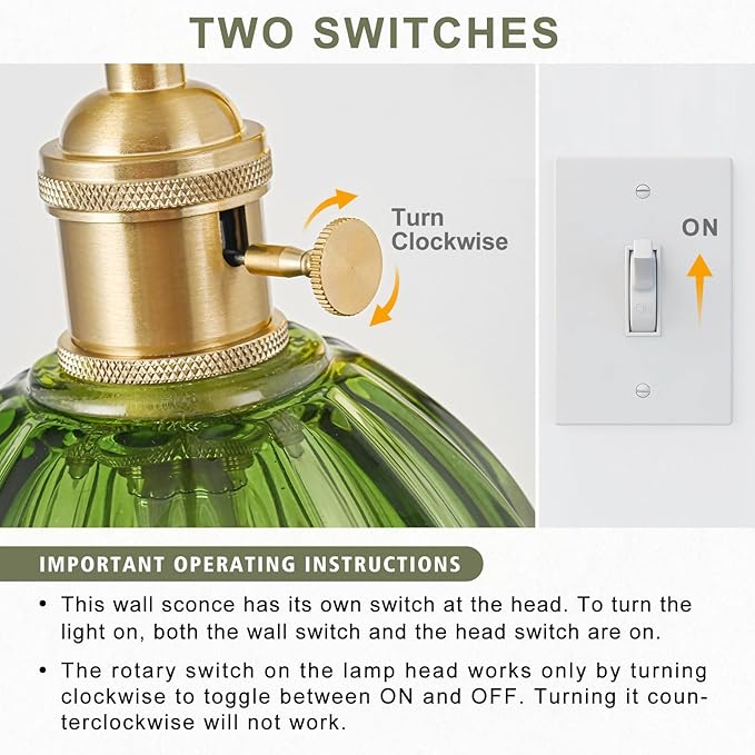 Wall Sconces Set of Two Hardwired, Vintage Wall Sconce Light with Tulip Green Glass Lampshade, Bathroom Wall Sconces with Switch, Gold Wall Light Sconces Wall Decor Set of 2