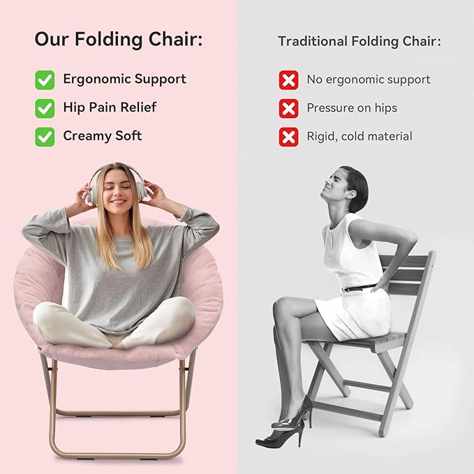 Magshion Saucer Chair for Adults, Comfy Living Room Lounge Chair for Bedroom Corner, Dorm, Apartment, Faux Fur Fluffy Circle Accent Seat with Thick Padded & Folding Metal Frame (Pink)