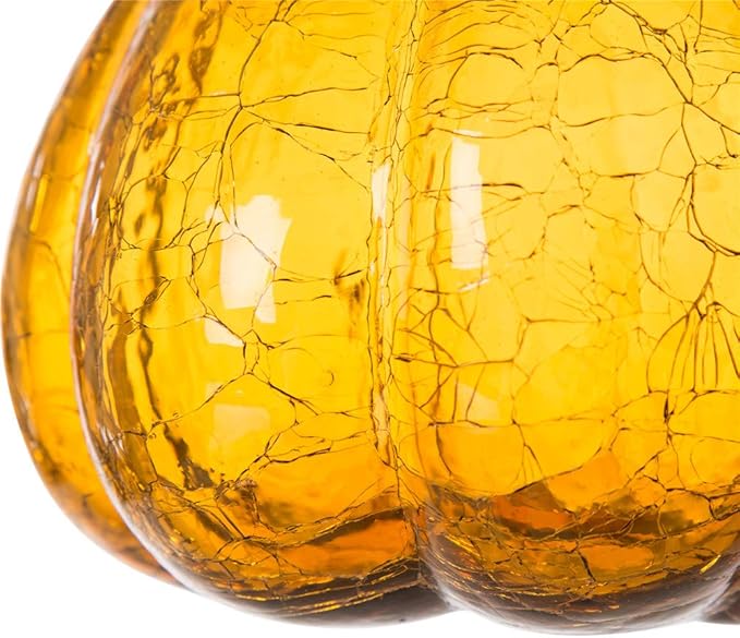 Glitzhome 6.69 Inch Amber Hand Blown Ornaments Crackle Glass Pumpkin for Fall Thanksgiving Halloween and Home Decor
