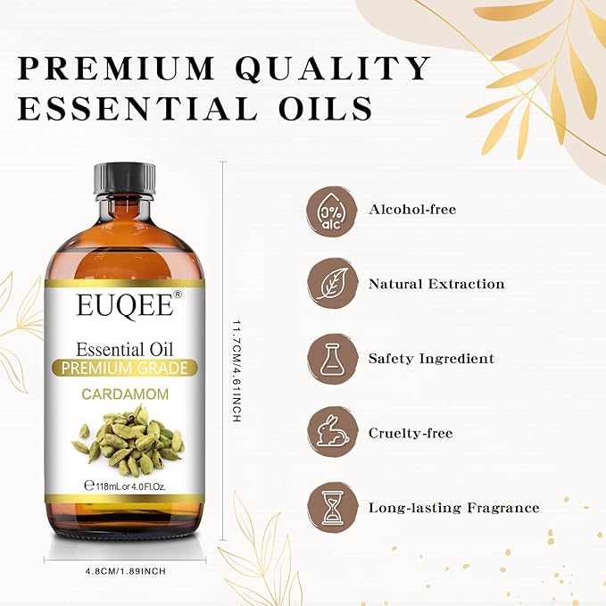 EUQEE Cardamon Essential Oil 118 ml Large Bottle Premium Cardamon Oil with Glass Dropper, Great for Diffusers, Candle & Soap Making-4oz