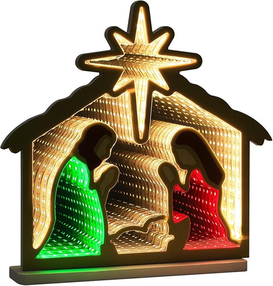 MEETYAMOR Nativity Sets for Christmas Indoor, Nativity Scene Infinity Mirror Tunnel Light, Nativity Scene with Manger for Home Living Room Mantel Table Centerpiece Christmas Decorations