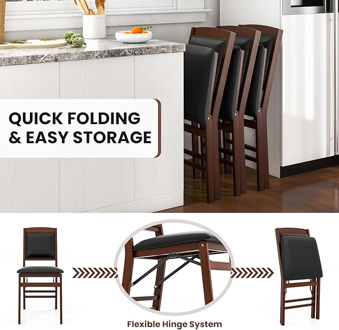 Giantex Folding Dining Chairs Set of 4, Foldable Wood Kitchen Chairs with Padded Seat, Solid Wood Frame, Max Load 400 Lbs, No Assembly Easy to Store Wooden Dining Chairs for Apartment, Small Space