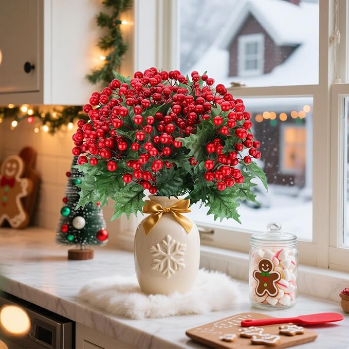 4 Bundles Fake Christmas Pine Branches with Red Berry Stems, Christmas Flowers Artificial for Norfolk Pine Garland and Trees, Faux Berry Picks for Holiday Home Decor