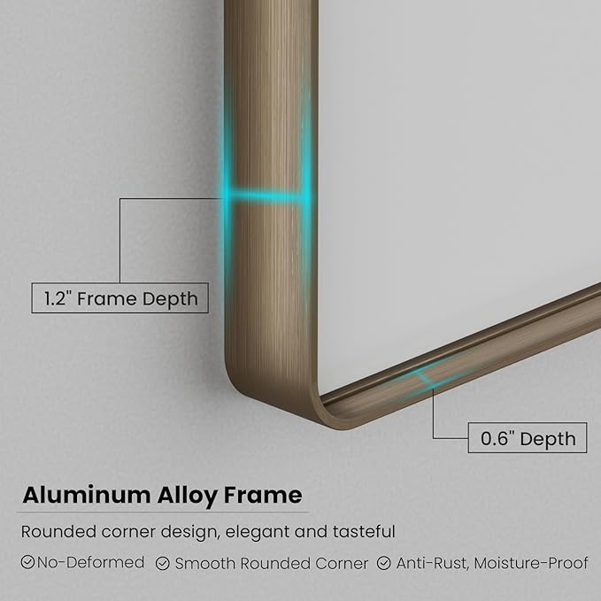 Bronze Bathroom Mirror 40x32 Inch, Brushed Bronze Metal Frame Mirror for Wall, Rounded Rectangle Bathroom Vanity Mirror with Tempered Glass, Anti-Rust, Horizontal/Vertical
