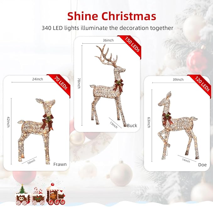 HOYECHI 6.5 FT Oversized Christmas Decorations Outdoor Lighted Reindeer β 3-Piece 3D Deer Family Set with 340 Warm White LED Lights for Yard, Lawn, Garden & Porch Holiday Display - Rattan