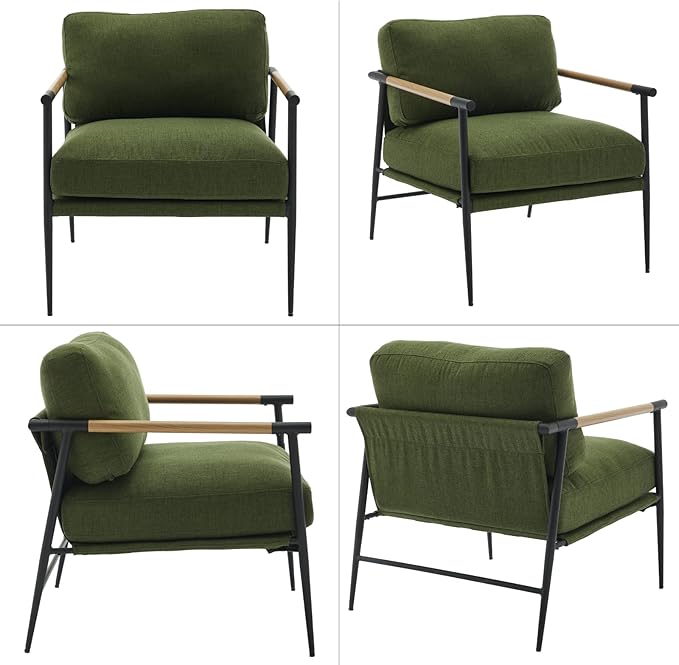 Mid-Century Accent Chair Set of 2, Soft Armchair Linen Fabric Lounge Chair with Black Metal Legs, Upholstered Leisure Chair for Living Room Reception Room, Green