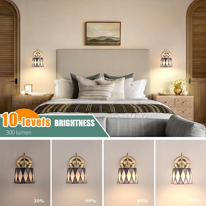 Vintage Battery Operated Wall Sconce Set of 2, 5000mAh Rechargeable Wall Lamp 12 RGB Colors Dimmable, Gold Lights Fixture for Bedroom Bathroom Living Room Hallway Twilight Blue Checker