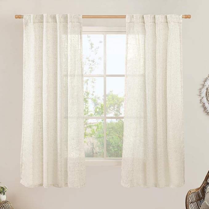LAMIT 63 Inch Semi Sheer Linen Curtains, Light Filtering Panels Back Tab and Rod Pocket Neutral Drapes for Bedroom/Living Room, Natural, 2 Panels, 34 x 63 Inch