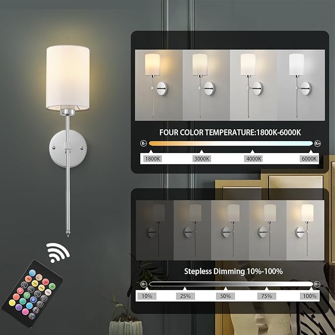 Battery Operated Wall Sconce Set of Two,Wireless Rechargeable Wall Light With Remote Control, Dimmable, 1800K/3000K/4000K/6000K/RGB, Timer, for Living Room, Bedroom, Fireplace, TV, 26.8 Inch, Chrome