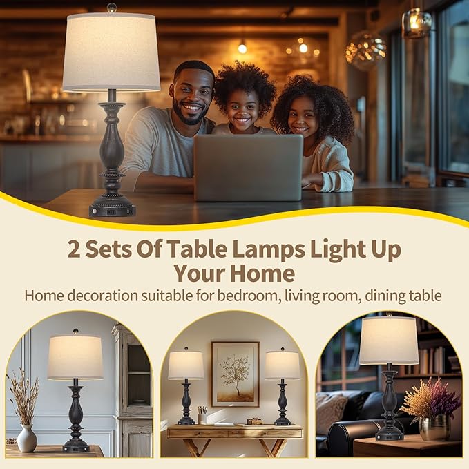 28" Tall Farmhouse Table Lamps for Living Room Set of 2,Vintage Rustic Black Bedside Touch Lamp with USB C+A Ports & AC Outlet, 3-Way Dimmable Resin Nightstand Lamp for Bedroom Entryway Office
