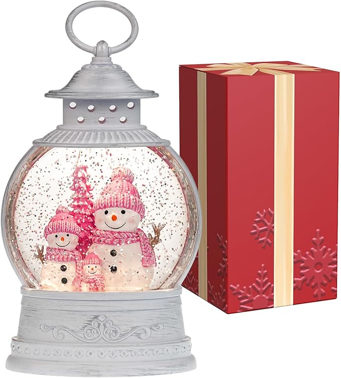 Christmas Snow Globes, Pink Snowman Family Musical Snow Globe Lantern with Timer, USB or Battery Operated, Lighted Christmas Home Decorations Indoor