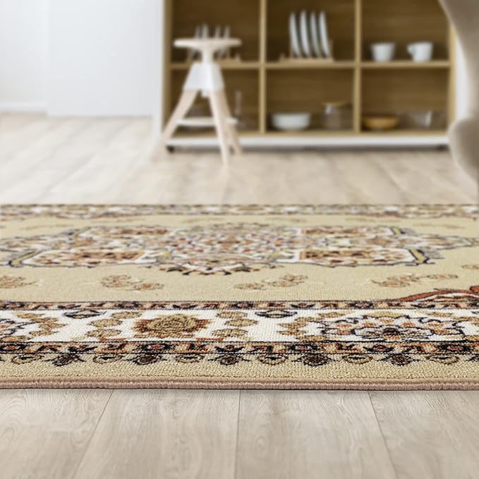 Antep Rugs Alfombras Oriental Traditional 5x7 Non-Skid (Non-Slip) Low Profile Pile Rubber Backing Indoor Area Rugs (Beige, 5' x 7')