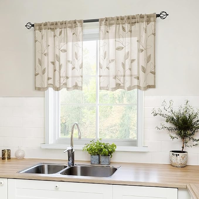 HOMEIDEAS Taupe Sheer Kitchen Curtains 30 X 24 Inch Length 2 Panels Beige Embroidered Leaf Pattern Short Curtains for Small Window Valance Tiers