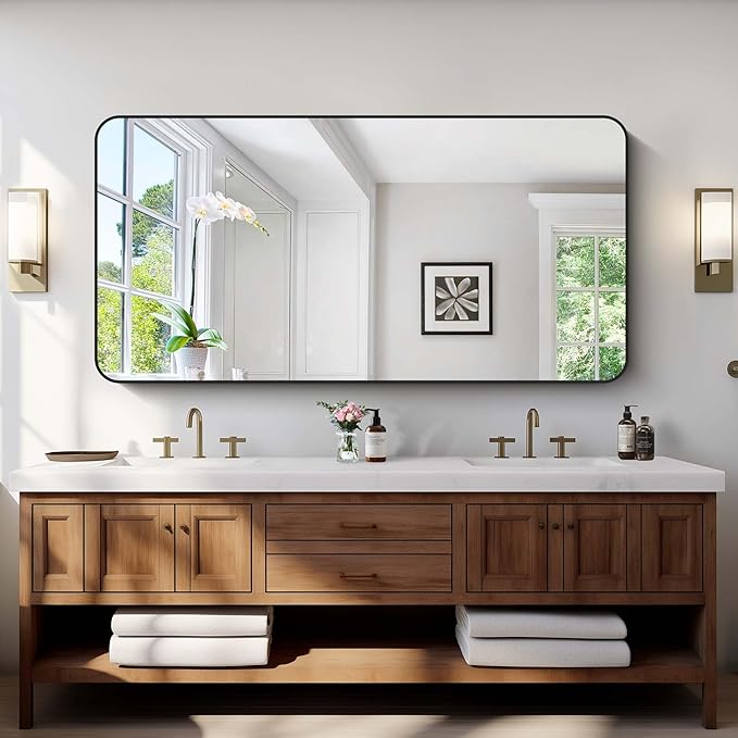Bathroom Mirror, 60 x 30 inch Black Rectangle Wall Mirror, Metal Frame Rounded Corner Vanity Mirror, Large Wall Mounted Mirrors for Over Sink Bedroom Living Room Horizontal Or Vertical Mounting