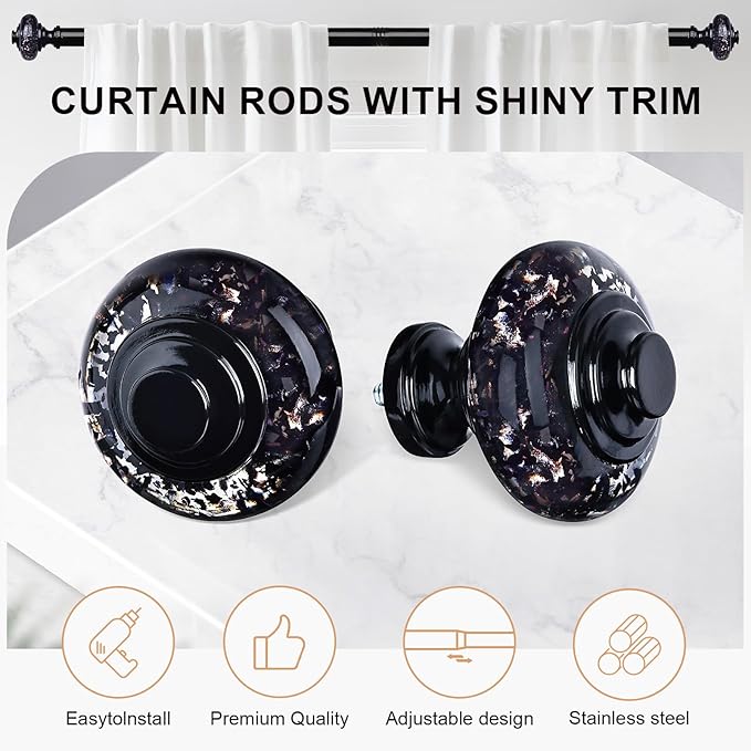 2 Pack Black Crystal Curtain Rods for Windows 30 to 56 Inch, Decorative Vintage 1'' Diameter Curtain Rod with Black Foil Finial, Adjustable Heavy Duty Easy Install Drapery Pole Set for Farmhouse
