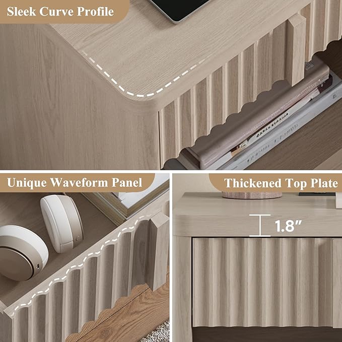 Fluted Nightstand Set of 2 with Charging Station, 23.6" Wood End Table with Solid Wood Handle, Curved Profile Design, Mid Century Moden Bedside Table for Bedroom, Natural Oak