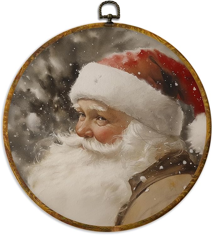 XPH Vintage Christmas Santa Round Wall Art Framed, Rustic Christmas Circle Wall Decor, Farmhouse Cozy Winter Xmas Hanging Canvas Prints for Home Bedroom Living Room Decoration, 10x10 Inch