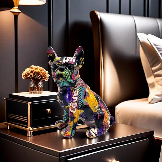 FUNSXBUG Colorful Art French Bulldog Statue Dog Figurines Sculpture Collectibles Home Office Desktop Decor Outdoor Garden Display Decoration Resin (Colour 3)