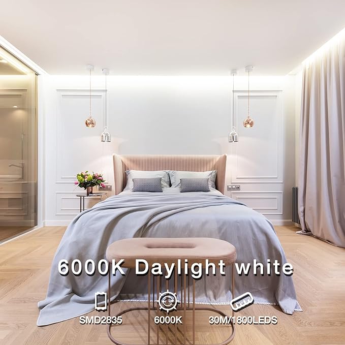 DAYBETTER White LED Strip Light, 100 ft Dimmable Strip, 6500K 24V Lighting Strips, 1800 LEDs 2835 Tape Lights for Bedroom, Kitchen, Mirror, Home Decoration(2 Rolls of 50 ft)