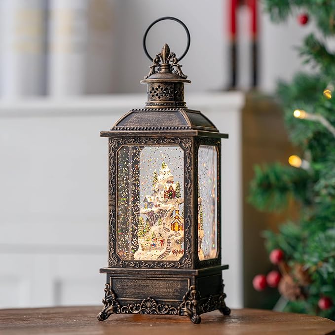 Christmas Village Snow Globe Lantern Musical Lighted Snowy Mountain Village Water Lantern with Swirling Glitter Decoration for Christmas Home, Living Room, Battery Operated or USB Powered