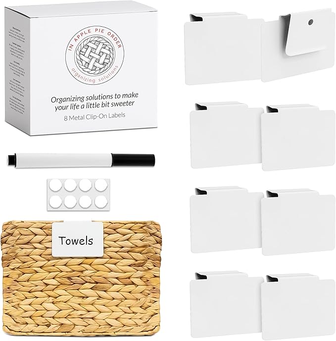 Labels for Storage Bins | Metal Storage Bin Clips (2.5โ x 3.5โ) - Set of 8 Basket Clip On Tags for Storage Bins w/Non-Slip Grip Pads & Dry Erase Marker - Removable Bin Labels for Storage Baskets