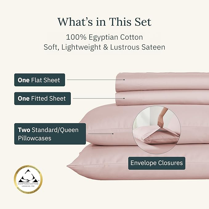 California Design Den Certified 100% Egyptian Cotton Sheets Queen Size Set - Soft Sateen, Deep Pocket Sheets with Anti-Skid Elastic, Cool and Durable Luxury Bedding - Sepia Rose