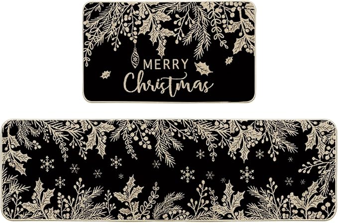 Artoid Mode Black Holly Pine Branches Merry Christmas Kitchen Mats Set of 2, Winter Decor Low-Profile Kitchen Rugs for Floor - 17x29 and 17x59 Inch
