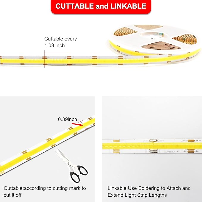 CCT COB LED Strip Lights, 6.56ft Dimmable 2700K-6500K 24V Tunable White LED Light Strip Kit, High Density CRI 90+ LED Strips with Remote Controller and Power Supply, for Bedroom Kitchen Home Lighting