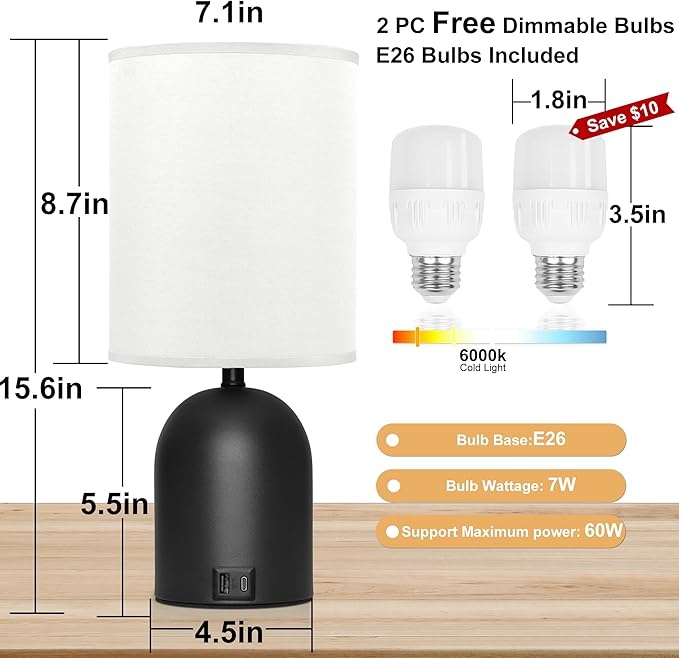 Bedside Black Table Lamps Set of 2 for Bedroom, 3 Way Dimmable Touch Nightstand Lamp with USB C and A Ports Small Table Desk Lamp for Bedroom, Reading Room, Office, Dorm Black/White