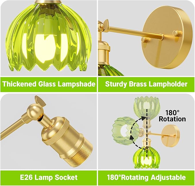 Vintage Battery Operated Wall Sconce Set of 2, Wireless Wall Sconce with Green Tulip Glass Shade, Rechargeable & Remote Control Wall Lamp for Living Room, Bedroom,Hallway Wall Decor Lights