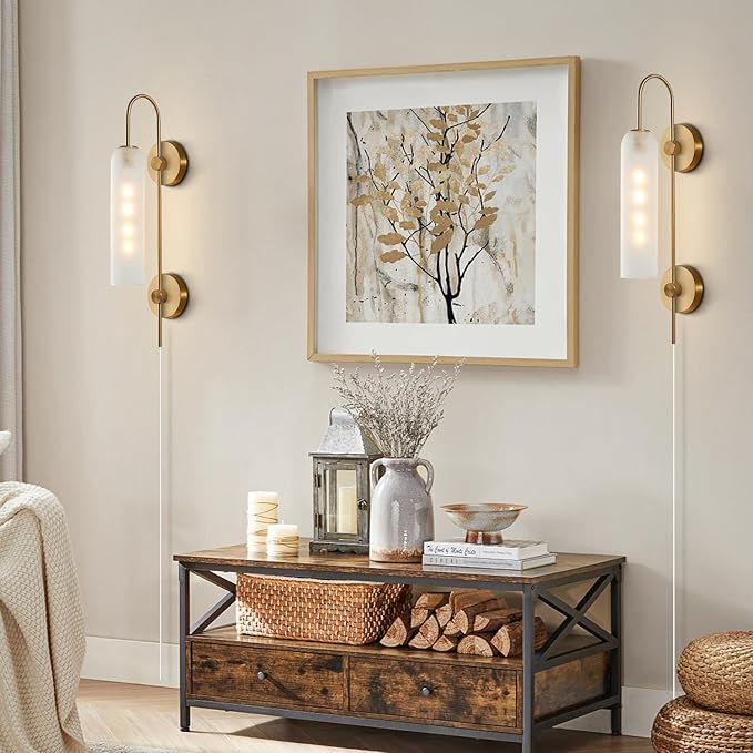 BOKT Mid Century Modern Plug in Wall Sconces Indoor Long Brushed Gold Milk White Glass Sconces Wall Lighting Single Wall Sconce Bathroom Vanity Light Brass Wall Mounted Light Fixture (White)