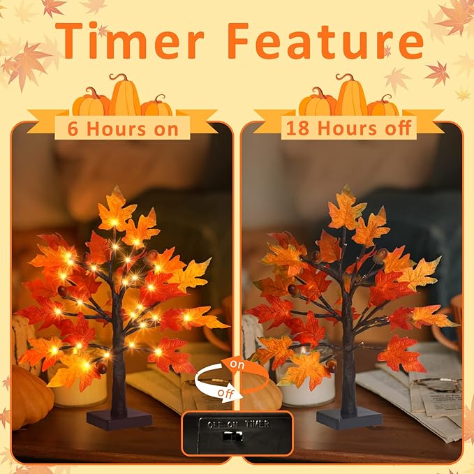 2Pack Artificial Fall Lighted Maple Tree - 1.5FT 36 LED Thanksgiving Decor Lights, Battery Operated Tabletop Lamp with 6 Acorns, 6-Hours Timer, for Wedding Party Indoor Outdoor Autumn Decor…