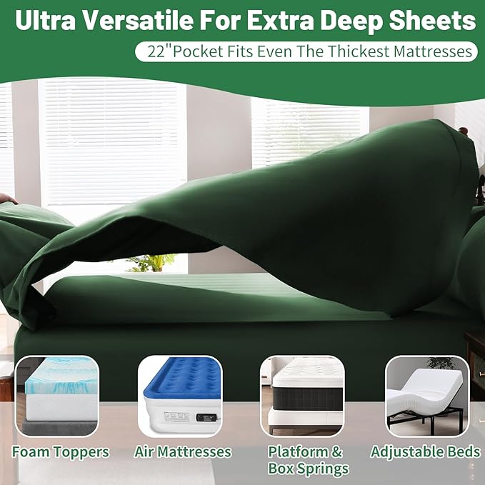 Extra Deep Pocket Queen Sheets 18-24 Inch 100% Egyptian Cotton 1000 Thread Count Sateen Weave Soft Breathable 4 Pieces(Queen,Forest Green)