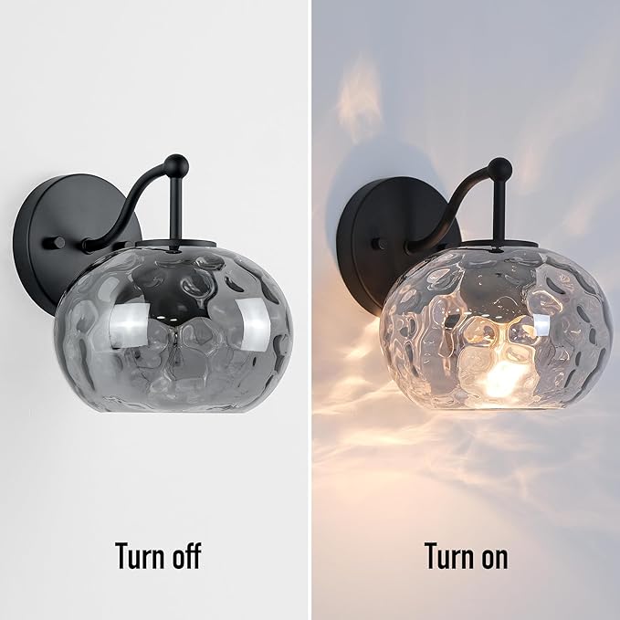 Matte Black Wall Sconce Light Smoked Hammered Glass Vanity Lighting Modern Grey Shade Wall Lamp for Bathroom Over Mirror