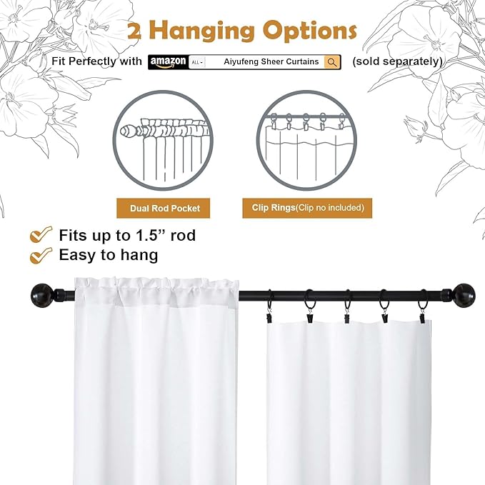 Aiyufeng Pure White Curtains for Bedroom 96 Inches Long 2 Panels Set, Room Darkening Window Treatment, Light Filtering Curtain Drapes, Soft Casual Rod Pocket Privacy Curtains, W40 x L96 Inch