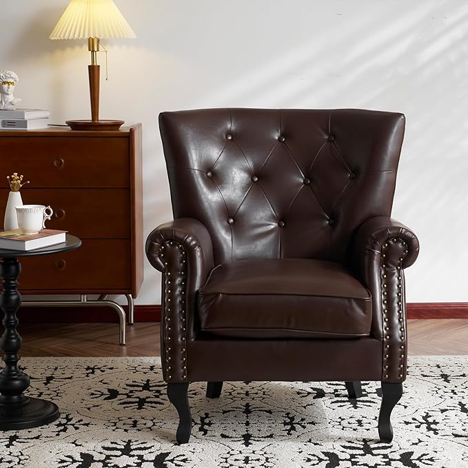 Modern Faux Leather Accent Chair, Upholstered Mid-Century Armchair with Solid Wood Legs, Single Sofa Chair for Living Room, Bedroom, or Reading Room(Caramel)