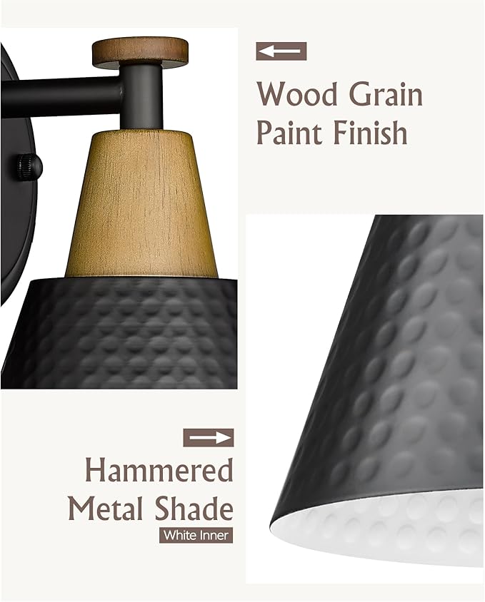 FEMILA Black Wall Sconces, Rustic Industrial Wall Lamps, 1-Light Sconces Wall Lighting with Hammered Metal Shade, Bathroom Vanity Light Fixture for Bedroom Living Room Kitchen,4FG59B BK