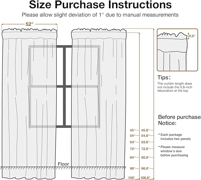 White Sheer Curtains 2 Panels – Vintage Boho Sheer Curtains for Bedroom/Kitchen, Light Filtering Rod Pocket Window Treatments with Lace Trim, Rustic Privacy Chic Drapes, 52W x 45L Inch