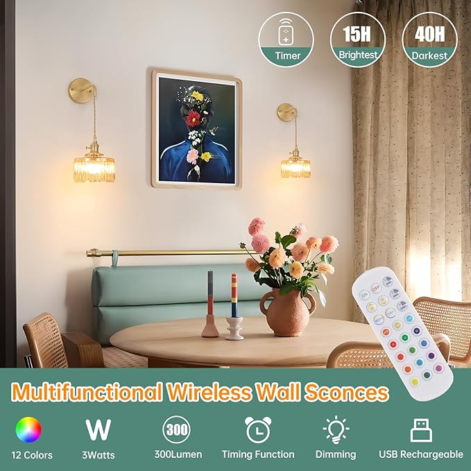 Battery Operated Wall Sconce with Amber Striped Shade Pattern Glass Adjustable Chain Retro Gold Wall Mounted Light, Modern Wall Decor for Bedside Bedroom Indoor Doorway, Set of 2