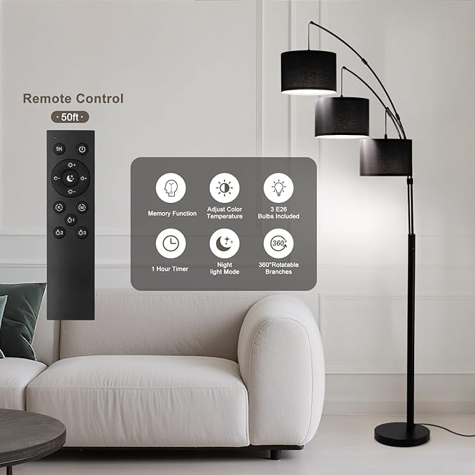 Floor lamp with Remote, 3 Light Arc Floor Lamps for Living Room, 2400LM Tall Standing Floor Lamps with Black Shades, 80" Large Floor Lamp for Bedroom, Office