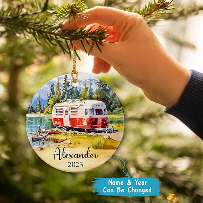 Summer Camping Beach Road Trip Ornament Keepsake Gifts for Friends, Personalized Beach Camper Ornament 2025, Surfing Board Outdoor Chair Camper Christmas Decor, Custom Name Camper Ceramic Ornament