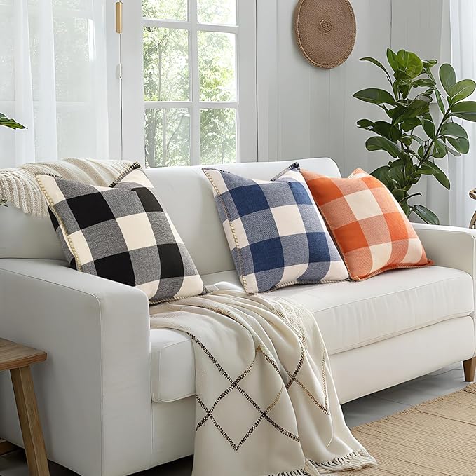decorUhome Buffalo Plaid Check Throw Pillow Covers 24x24 Set of 2, Outdoor Linen Decorative Farmhouse Gingham Pillow Covers with Stitched Edge for Bed Couch Sofa, Navy Blue and White