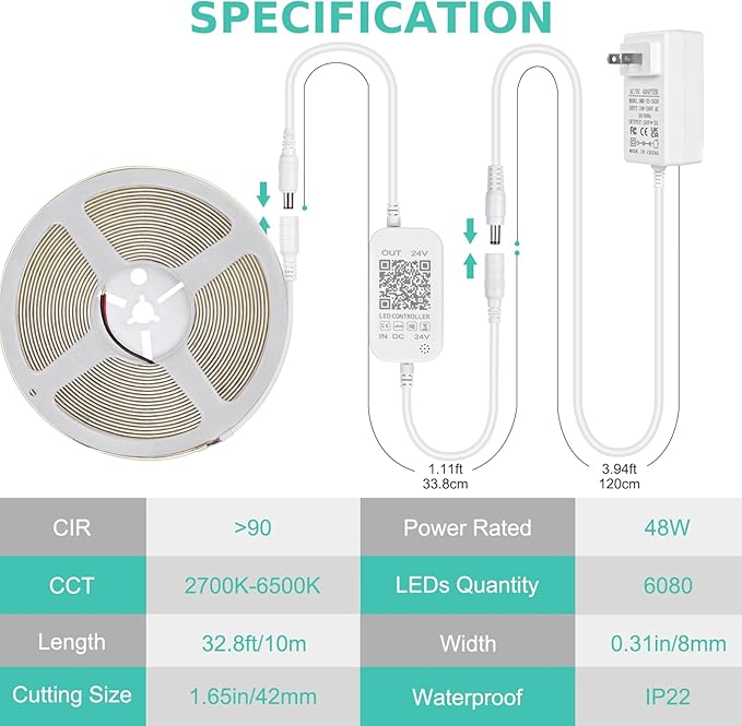 COB LED Strip Light White, Dimmable 2700K-6500K High Density 6080LEDs 24V Flexible LED Tape Light with Remote and APP Control, for Under Cabinet Bedroom Kitchen DIY Lighting,1 Rolls of 32.8ft