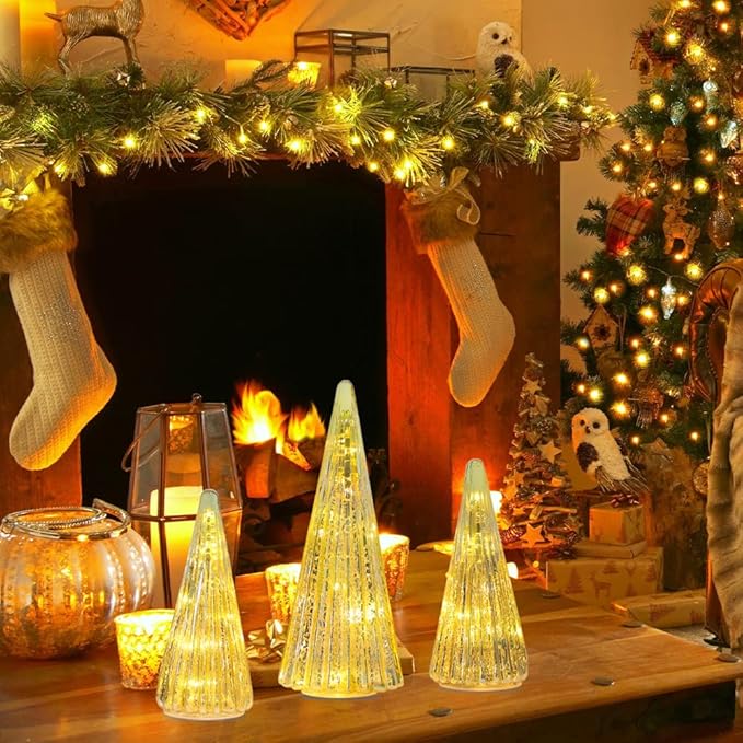 YEAHOME Christmas Decorations Indoor, 3 Pack Pre-lit Gold Glass Christmas Tree Home Decor, Christmas Table Decorations Lighted Xmas Tree with Timer for Living Room Fireplace Tabletop Party