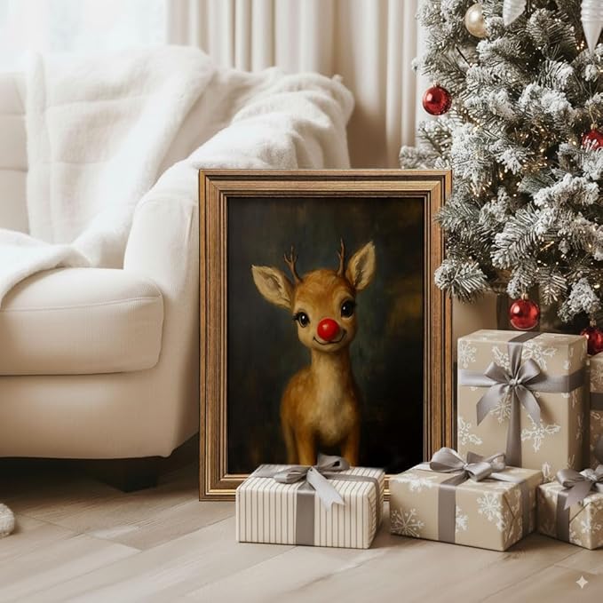 Vintage Christmas Wall Art Decor Gold Framed Art Funny Clown Reindeer Picture Painting for Home Living Room Decor Holiday Gift (Reindeer, 20L" x 16W")