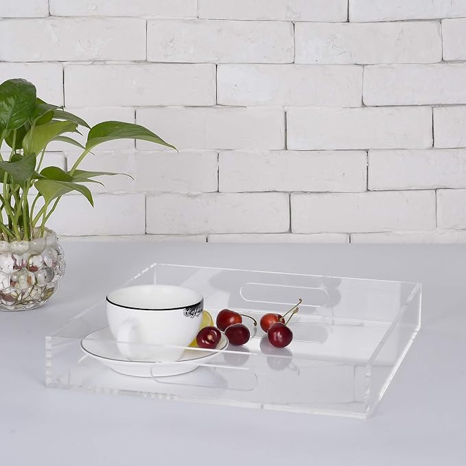 Clear Sturdy Acrylic Serving Tray with Handles - 10x10Inch - Coffee, Appetizer, Breakfast, Butler Tray - Kitchen Countertop & Vanity Table Organizer