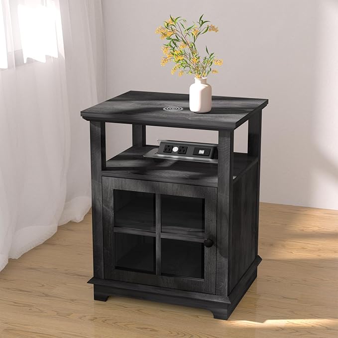 HIFYOBRO End Table with Charging Station, Adjustable Shelf & Storage, Modern Farmhouse Nightstand for Bedroom, Living Room, Office