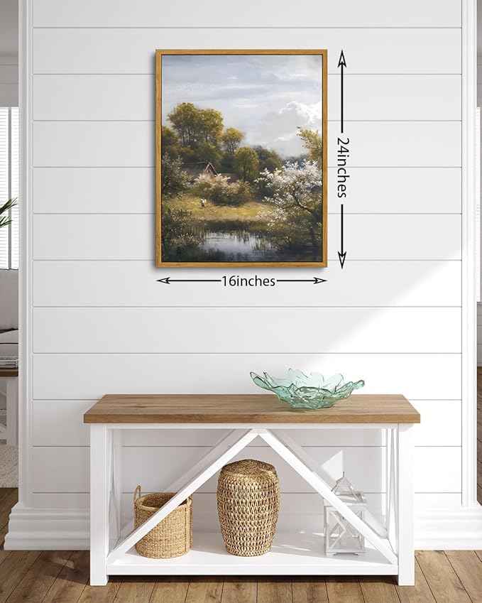 KISSFOX Vintage Rustic Cottage Landscape Canvas Wall Art Spring Countryside Framed Wall Art Farmhouse Retro Art Prints Artwork For Living Room Bedroom Kitchen