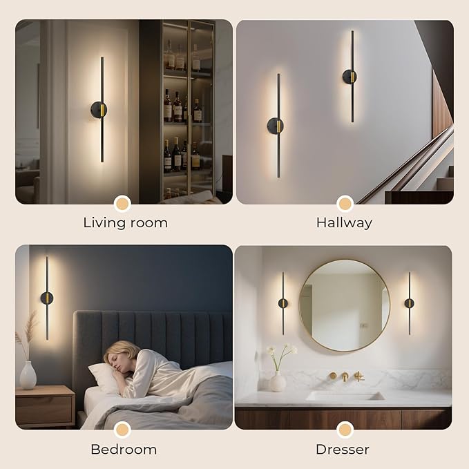 Battery Operated Wall Sconces Set of 2, Detachable Wireless Wall Lamps 360°Rotate, 10000mAh Rechargeable Wall Lights for Bedroom, Living Room,3000-6500K Dimmable, 28 Inch Black and Gold